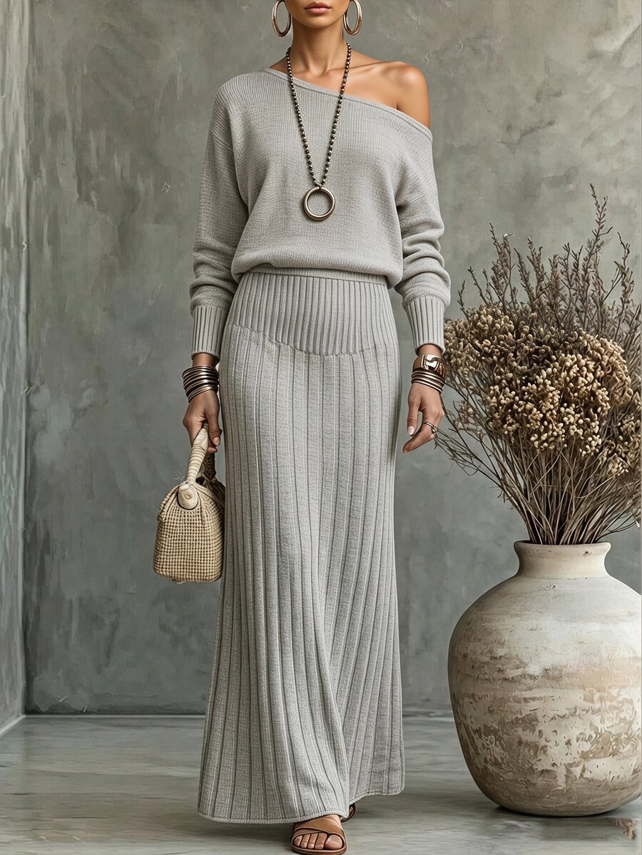 SHEIN Raffinéa طقم كنزة نسائية بأكمام طويلة وكتف غير متماثل فضفاضة، طقم كاجوال محبوك من قطعتين للخريف/الشتاء، تنورة وكنزة رمادية فاتحة فضفاضة عصرية متعددة الاستخدامات مضلعة من قطعتين - رمادي - مشاهدة 1