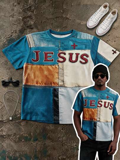 Neovey Men's Vintage Patchwork Graphic Tee, Vibrant Colors, Comfortable Fit, Jesus Cross Faith Pattern Cozy Crew Neck T-Shirt, Suitable For Everyday Wear