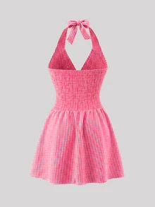 valorelle valorelle Red Plaid Halter Neck Mini A Line Dress For Women Sleeveless With Twist And Flared Hem Made Of Woven Fabric - Red - View 2