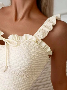 Swim Mod Women's Summer Casual Solid Color Polka Dot Textured Fabric Frill Strap Front & Middle Hollow Tie Waist One-Piece Swimsuit - Beige - View 5