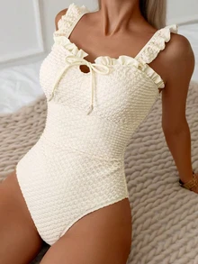 Swim Mod Women's Summer Casual Solid Color Polka Dot Textured Fabric Frill Strap Front & Middle Hollow Tie Waist One-Piece Swimsuit - Beige - View 4