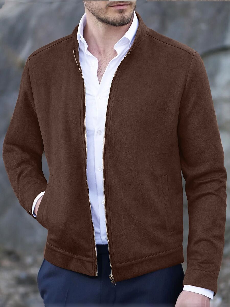 Calvornis Men 1pc Long Sleeve Zip Up Suedette Brown Jacket - Coffee Brown - View 1
