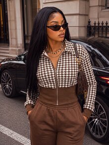 BamGleam Women's Autumn/Winter Brown Houndstooth Cinched Waist Pleated Long Sleeve Casual Jacket - Brown - View 2