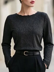 Elegantrix Black Sheer Jacquard Fabric Long Sleeve Crew Neck Plus Size Autumn Winter Base Layer Top Fall - Black - View 2