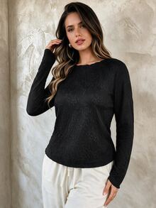 Elegantrix Black Sheer Jacquard Fabric Long Sleeve Crew Neck Plus Size Autumn Winter Base Layer Top Fall - Black - View 4