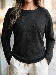 Elegantrix Black Sheer Jacquard Fabric Long Sleeve Crew Neck Plus Size Autumn Winter Base Layer Top Fall - Black - View 3