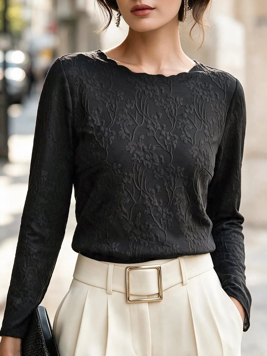 Elegantrix Black Sheer Jacquard Fabric Long Sleeve Crew Neck Plus Size Autumn Winter Base Layer Top Fall - Black - View 1