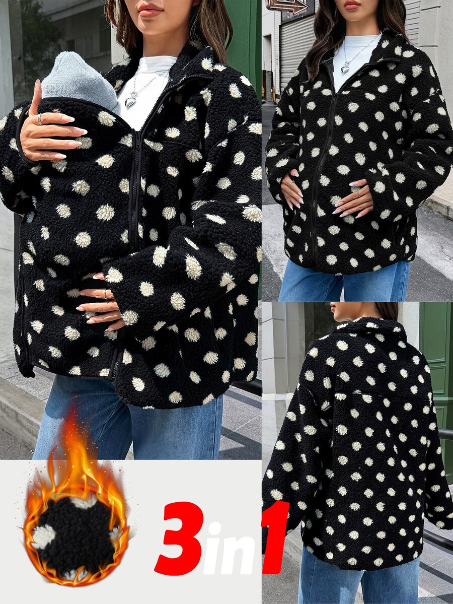 SHEIN Jaket Hamil Motif Polkadot Hangat 3-in-1, Musim Gugur/Dingin - Hitam dan Putih - View 1