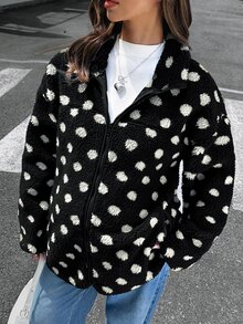 SHEIN Jaket Hamil Motif Polkadot Hangat 3-in-1, Musim Gugur/Dingin - Hitam dan Putih - View 6