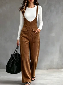 SHEIN Women's 2pcs Set Autumn Commute Minimalist Round Neck Slim Fit Daily Wear Travel College Style Front Decorative Buttons Pockets Straight Leg Overalls - Blue - View 3