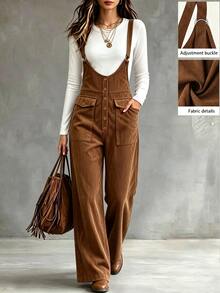 SHEIN Women's 2pcs Set Autumn Commute Minimalist Round Neck Slim Fit Daily Wear Travel College Style Front Decorative Buttons Pockets Straight Leg Overalls - Blue - View 1
