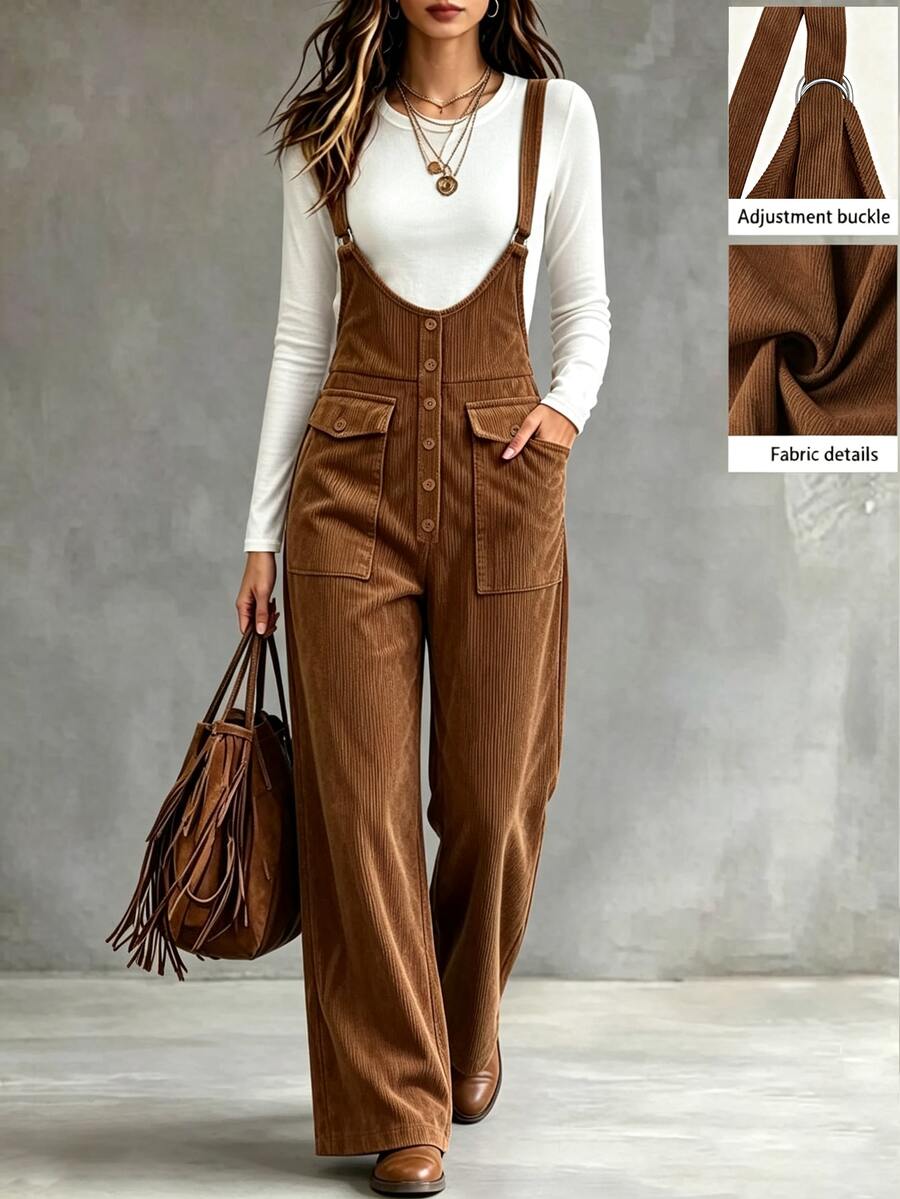 SHEIN Women's 2pcs Set Autumn Commute Minimalist Round Neck Slim Fit Daily Wear Travel College Style Front Decorative Buttons Pockets Straight Leg Overalls - Blue - View 1