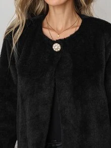 SHEIN Clasi Jaket Bulu Imitasi Kasual Wanita, Pakaian Musim Gugur/Dingin - Hitam - View 7