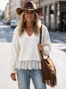 LanaWest Women's Western Casual V-Neck Lace Patchwork Sweater - Apricot - View 4