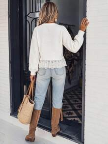 LanaWest Women's Western Casual V-Neck Lace Patchwork Sweater - Apricot - View 3