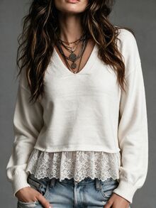 LanaWest Women's Western Casual V-Neck Lace Patchwork Sweater - Apricot - View 1