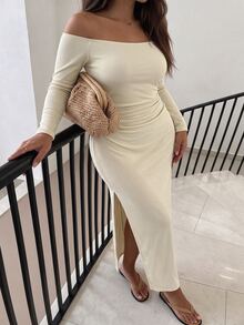 Easura Gaun Kasual Wanita Ukuran Besar untuk Musim Gugur/Dingin, Leher Persegi, Pinggang Berkerut, dan Belahan Samping, Cocok untuk Perjalanan Sehari-hari - Aprikot - View 3