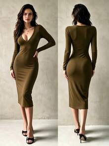 INAWLY Women's Solid Color Casual Party Midi Dress - Olive Green - View 3