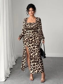 Elenzga Gaun Fashion Wanita Ukuran Besar Motif Leopard Leher Persegi Lengan Panjang Belahan Samping di Bagian Bawah untuk Musim Gugur - Coklat - View 5