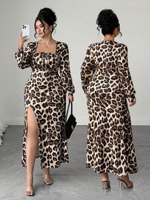 Elenzga Gaun Fashion Wanita Ukuran Besar Motif Leopard Leher Persegi Lengan Panjang Belahan Samping di Bagian Bawah untuk Musim Gugur - Coklat - View 1