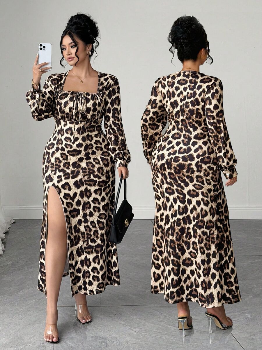Elenzga Gaun Fashion Wanita Ukuran Besar Motif Leopard Leher Persegi Lengan Panjang Belahan Samping di Bagian Bawah untuk Musim Gugur - Coklat - View 1