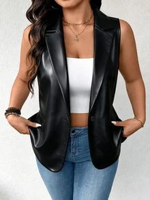 SHEIN LUNE CURVE Blazer Kulit PU Tanpa Lengan Kasual untuk Wanita Ukuran Besar - Hitam - View 6
