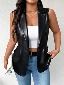 SHEIN LUNE CURVE Blazer Kulit PU Tanpa Lengan Kasual untuk Wanita Ukuran Besar - Hitam - View 7