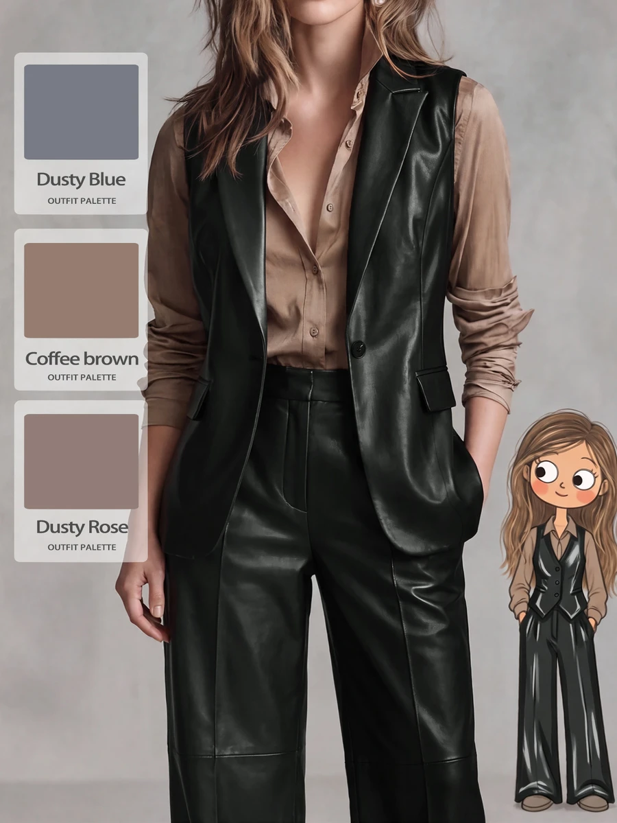 SHEIN LUNE CURVE Blazer Kulit PU Tanpa Lengan Kasual untuk Wanita Ukuran Besar