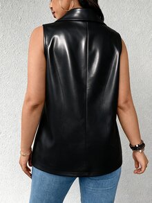 SHEIN LUNE CURVE Blazer Kulit PU Tanpa Lengan Kasual untuk Wanita Ukuran Besar - Hitam - View 4