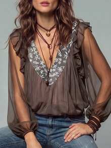LUMIGAL Women's French Vintage 70s Vacation Style Floral Print Long Sleeve Top With Ruffle Trim, Light Brown, Suitable For Summer & Early Fall Getaways - Brown - View 5