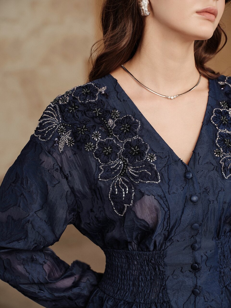 Anewsta Elegant Sophisticated Versatile Semi-Sheer Heavy Embroidery Beaded V-Neck Long Sleeve Women's Blouse Shirt