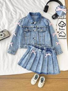 Young Girl Young Girl Young Girl Young Girl 2/Set Young Girls Fall/Winter 2 Stylish Pink Blue Jacket & Skirt,For Girls Fall/Winter Streetwear ,Toddler Set - Medium Wash - View 1