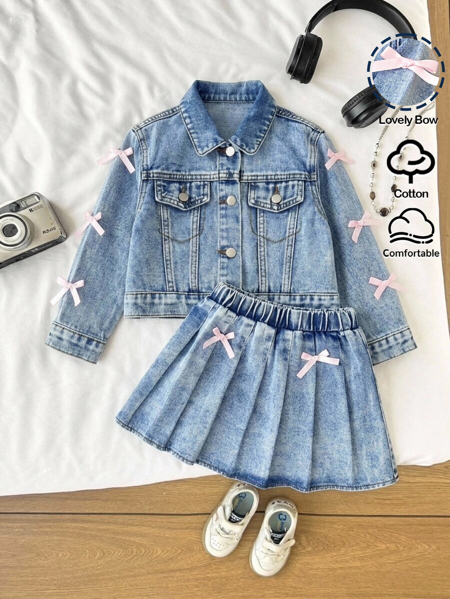 Young Girl Young Girl Young Girl Young Girl 2/Set Young Girls Fall/Winter 2 Stylish Pink Blue Jacket & Skirt,For Girls Fall/Winter Streetwear ,Toddler Set - Medium Wash - View 1