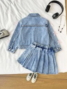 Young Girl Young Girl Young Girl Young Girl 2/Set Young Girls Fall/Winter 2 Stylish Pink Blue Jacket & Skirt,For Girls Fall/Winter Streetwear ,Toddler Set - Medium Wash - View 2