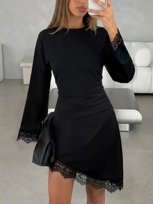 SHEIN Gaun Pendek Bodycon Hitam Wanita dengan Leher Bulat, Hiasan Renda, Lengan Mengembang, dan Pinggang Pas dengan Detail Kerut - Hitam - View 3
