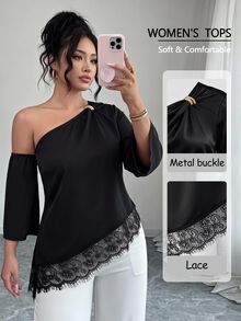 Elenzga Plus Size Women's Fashion Versatile Asymmetrical Shoulder Top With 3/4 Sleeves And Asymmetrical Hem Fall - Black - View 4