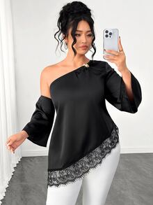 Elenzga Plus Size Women's Fashion Versatile Asymmetrical Shoulder Top With 3/4 Sleeves And Asymmetrical Hem Fall - Black - View 8