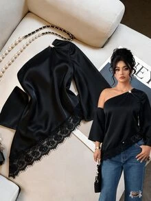Elenzga Plus Size Women's Fashion Versatile Asymmetrical Shoulder Top With 3/4 Sleeves And Asymmetrical Hem Fall - Black - View 5