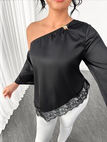 Elenzga Plus Size Women's Fashion Versatile Asymmetrical Shoulder Top With 3/4 Sleeves And Asymmetrical Hem Fall - Black - View 6