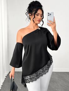 Elenzga Plus Size Women's Fashion Versatile Asymmetrical Shoulder Top With 3/4 Sleeves And Asymmetrical Hem Fall - Black - View 9