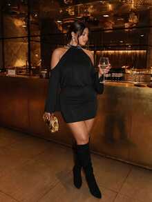 Firerie Black Fitted Bodycon Mini Dress With Loose Top And Tight Bottom / Plus Size Flared Long Sleeve Dress / Sequin Collar/Off-The-Shoulder Date Look Fall - Black - View 2