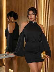 Firerie Black Fitted Bodycon Mini Dress With Loose Top And Tight Bottom / Plus Size Flared Long Sleeve Dress / Sequin Collar/Off-The-Shoulder Date Look Fall - Black - View 1