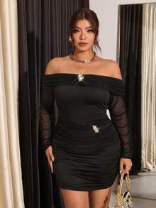 Firerie Black Cold Shoulder Long Sleeve Cinched Waist Ruched Mini Mesh Dress With Metal Buckle Decor Party Club Night Fall/Winter Thanksgiving New Year Sexy - Black - View 7