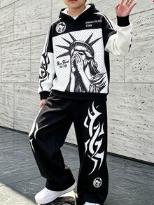 青少年男孩春季休閒街頭風龐克自由女神火焰印花連帽衛衣寬腿褲兩件套校園運動白色 - 彩色 - 查看 4