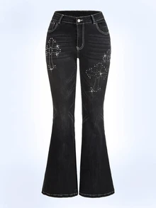 Shutterstock Y2Kool Women's Cross Embroidered Rhinestone Cross Distressed Denim Jeans, Streetwear For Autumn/Winter, Halloween, Y2K Flared Jeans Matching Idea Casual Stylish Collection New Year Cotton - Black - View 1