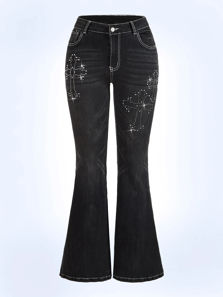 Shutterstock Y2Kool Women's Cross Embroidered Rhinestone Cross Distressed Denim Jeans, Streetwear For Autumn/Winter, Halloween, Y2K Flared Jeans Matching Idea Casual Stylish Collection New Year Cotton - Black - View 1