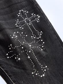 Shutterstock Y2Kool Women's Cross Embroidered Rhinestone Cross Distressed Denim Jeans, Streetwear For Autumn/Winter, Halloween, Y2K Flared Jeans Matching Idea Casual Stylish Collection New Year Cotton - Black - View 3