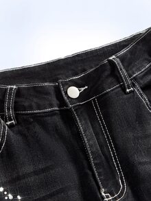 Shutterstock Y2Kool Women's Cross Embroidered Rhinestone Cross Distressed Denim Jeans, Streetwear For Autumn/Winter, Halloween, Y2K Flared Jeans Matching Idea Casual Stylish Collection New Year Cotton - Black - View 4