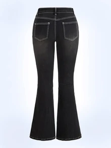 Shutterstock Y2Kool Women's Cross Embroidered Rhinestone Cross Distressed Denim Jeans, Streetwear For Autumn/Winter, Halloween, Y2K Flared Jeans Matching Idea Casual Stylish Collection New Year Cotton - Black - View 2