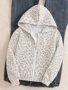 Fall Girls' Leopard Print Zip-Up Sweatshirt Jacket - Street Style Mix Match, Sweatshirt Knit Fabric Suitable For School White Animal Print Y2k Casual - White - View 3